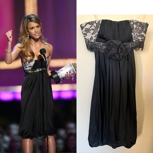 Marchesa Notte vintage black silk lace draped back strapless dress 6